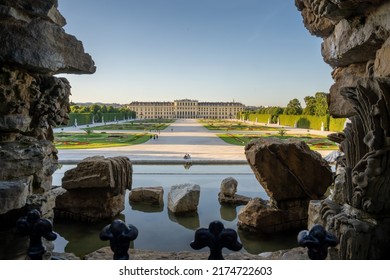 Vienna, Austria - July 2019: Schö﻿nbrunn Palace (Schloss Schönbrunn). Exterior And Gardens Of Palace Schoenbrunn In Vienna Upon Sunset. Beautiful Landmark In Austria