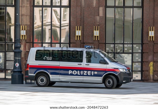 VIENNA, AUSTRIA - JULY 27, 2021: Volkswagen\
Transporter van of Austrian police in center of Vienna at\
Stephansplatz town\
square