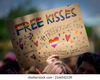 Vienna, Austria - June 11, 2022: People At Vienna Pride On Wiener Ringstrasse, Sign Free Kisses