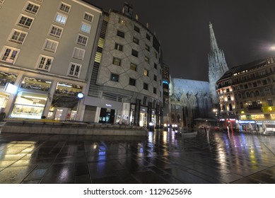 VIENNA, AUSTRIA - MARCH 18, 2018: Kärntner Strasse And Saint Stephen's Cathedral St Night.