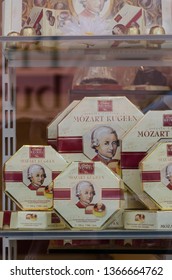 Vienna, Austria - May 10th 2012: Boxes Of Mozart Kugeln On Display.