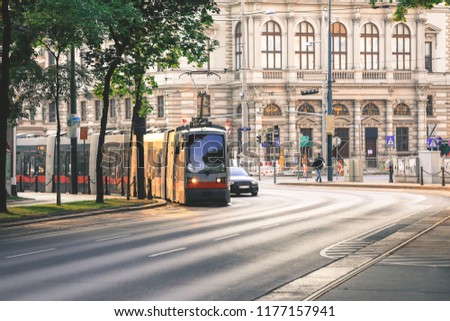 Vienna, Austria- May 27, 2018 : Old fashioned tram goes by the street of Vienna. Vienna is a capital and largest city of Austria.