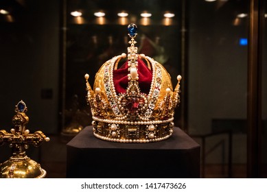 Vienna, Austria - May 29, 2019. The Imperial Crown Of Austria Exhibited Inside The Imperial Treasury Museum.