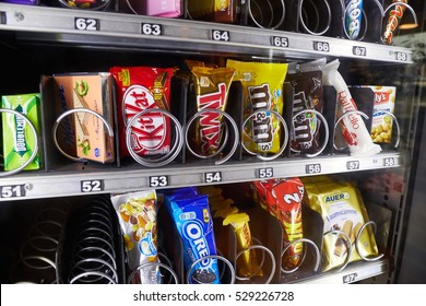 VIENNA, AUSTRIA - NOVEMBER 10, 2016: Vending machine selling snacks and drinks in a hostel in Vienna
