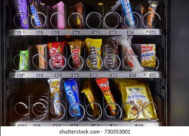VIENNA, AUSTRIA - NOVEMBER 10, 2016: Vending machine selling snacks and drinks in a hostel in Vienna