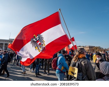 Vienna, Austria - November 20 2021: Austrian Flag On Heldenplatz At Anti-Vax Covid 19 Demonstration Or Rally.