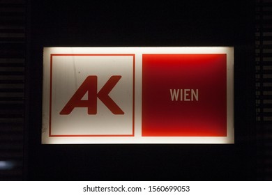 VIENNA, AUSTRIA - NOVEMBER 6, 2019: Arbeiterkammer logo in front of their main office for Vienna. Also called AK Wien, it is the chamber of labour in charge of defending workers interests.

