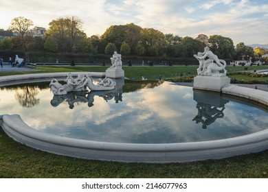 Vienna, Austria - Oct 12, 2019: Fountain at Belvedere Palace Gardens - Vienna, Austria