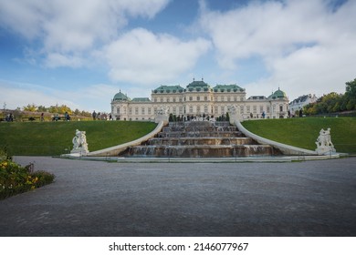 Vienna, Austria - Oct 12, 2019: Cascade Fountain (Kaskadenbrunnen) and Upper Belvedere Palace - Vienna, Austria