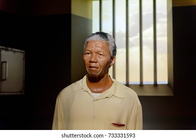 VIENNA, AUSTRIA - OCT 4, 2017: Nelson Rolihlahla Mandela In Prison, President Of South Africa, Madame Tussauds Wax Museum In Vienna.