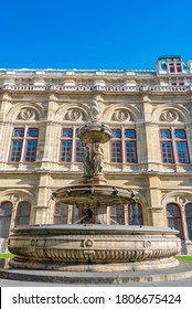 Vienna, Austria - October 14, 2018: Statues of beautiful women as musicians and singers of State Opera fountain in historical downtown of Vienna