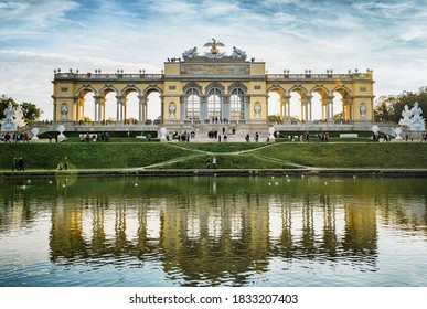 Vienna, Austria - October 26,,2017: The Glorietta Located In Schönbrunn Palace Park (Schloss Schönbrunn) Located In Vienna, Austria. Panoramic Evening View At Sunset.