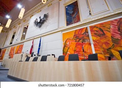 VIENNA, AUSTRIA - September, 2017: Government Bench In Large Redoutensaal Of Imperial Hofburg Palace. The National And Federal Council Sit In Here During Renovation Of The Parliament Building.