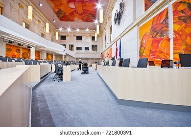 VIENNA, AUSTRIA - September, 2017: Parliamentary Premises In Large Redoutensaal Of Imperial Hofburg Palace. The National And Federal Council Sit In Here During Renovation Of The Parliament Building.