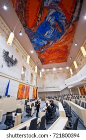 VIENNA, AUSTRIA - September, 2017: Parliamentary Premises In Large Redoutensaal Of Imperial Hofburg Palace. The National And Federal Council Sit In Here During Renovation Of The Parliament Building.