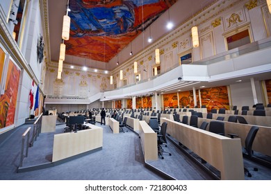 VIENNA, AUSTRIA - September, 2017: Parliamentary Premises In Large Redoutensaal Of Imperial Hofburg Palace. The National And Federal Council Sit In Here During Renovation Of The Parliament Building.