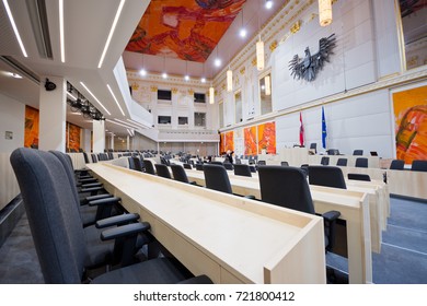 VIENNA, AUSTRIA - September, 2017: Parliamentary Premises In Large Redoutensaal Of Imperial Hofburg Palace. The National And Federal Council Sit In Here During Renovation Of The Parliament Building.