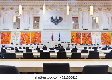 VIENNA, AUSTRIA - September, 2017: Parliamentary Premises In Large Redoutensaal Of Imperial Hofburg Palace. The National And Federal Council Sit In Here During Renovation Of The Parliament Building.