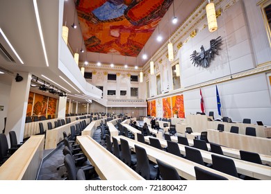 VIENNA, AUSTRIA - September, 2017: Parliamentary Premises In Large Redoutensaal Of Imperial Hofburg Palace. The National And Federal Council Sit In Here During Renovation Of The Parliament Building.