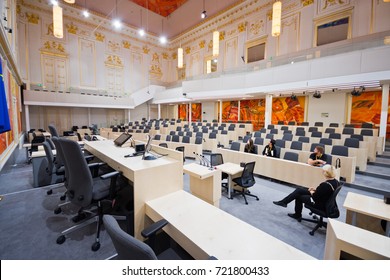 VIENNA, AUSTRIA - September, 2017: Parliamentary Premises In Large Redoutensaal Of Imperial Hofburg Palace. The National And Federal Council Sit In Here During Renovation Of The Parliament Building.