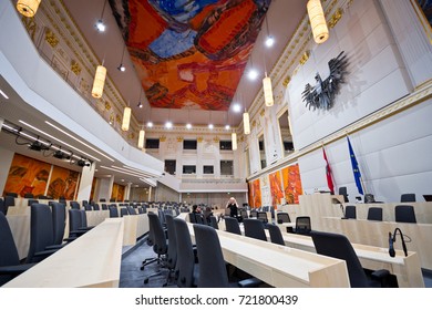 VIENNA, AUSTRIA - September, 2017: Parliamentary Premises In Large Redoutensaal Of Imperial Hofburg Palace. The National And Federal Council Sit In Here During Renovation Of The Parliament Building.