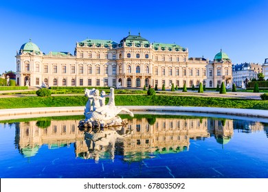 Vienna, Austria. Upper Belvedere Palace with reflection in the water fountain.
