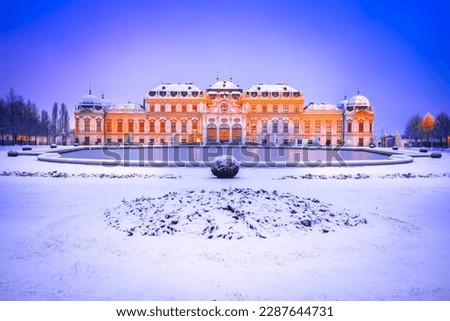 Vienna, Austria. Wien's iconic Belvedere Palace, a masterpiece of baroque architecture, stands tall amidst a winter snowstorm.