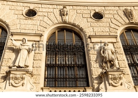 Vienna, the capital of Austria city sights. Great architecture of a beautiful city Wien with statues, domes and decoration. Museum, palace and government historical buildings in Vienna