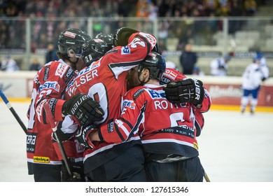 VIENNA - FEB 3: International Hockey Game Between Austria And Kazakhstan. Team Austria Celebrating The First Goal On February 3, 2013 At Albert Schultz Halle In Vienna, Austria.