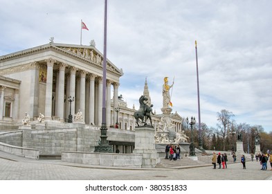 VIENNA - FEBRUARY  Feb 14, 2014 : The Austrian Parliament Building and the Athena Fountain in Austria, Vienna