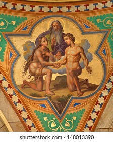 VIENNA - JULY 27:  Fresco of Wedding of Adam and Eva scene in side nave of Altlerchenfelder church from 19. cent. on July 27, 2013 Vienna. 