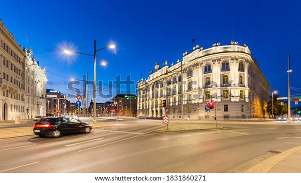 VIENNA\
- MAY 5:  Night shot of the Schwarzenbergplatz with traffic and\
night blue sky in Vienna, Austria on May 5,\
2018.