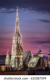 Vienna Skyline at night with St. Stephen's Cathedral, Vienna, Austria