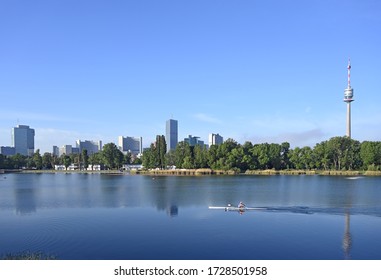 Vienna Skyline On The Danube River In The Morning