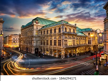 Vienna State Opera. Veinna, Austria. Evening view. The historic opera house is a symbol and landmark of the city of Vienna.  Panoramic view, long exposure. 