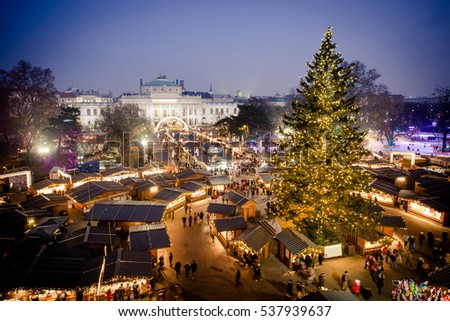 Vienna traditional Christmas Market 2016, aerial view at blue hour (sunset). Wien, Austria, Europe.