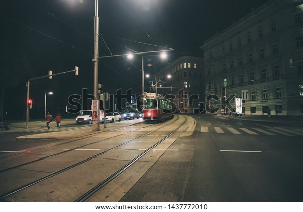 Vienna/Austria -\
04.18.2019: Night tram in\
vienna