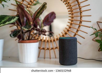 VIENNA,AUSTRIA - April 4 2019: Amazon Alexa Echo Plus on a white table with green plants in the background