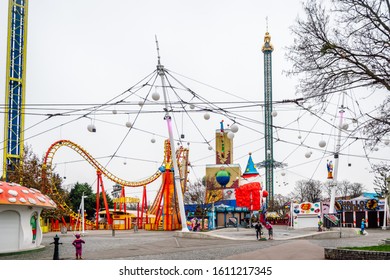 Vienna\Austria- Dec 9, 2019
Prater Amusement Park At Winter Day. Empty Theme Park During Daytime.  Concept For An Empty Off-season Amusement Park.