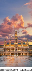 Vienna's Town Hall (Rathaus) in the evening after the rain on the sunset, Vienna, Austria