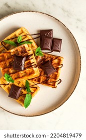 Viennese Waffles, With Chocolate, Breakfast, On A Beige Background, No People, Selective Focus, Waffles, Dessert, Chocolate, Mint,