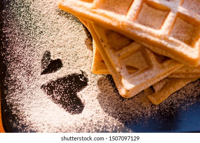 Viennese Waffles With Icing Sugar. Heart Decoration. Close-up, Shallow Depth Of Field.