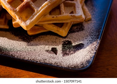 Viennese Waffles With Icing Sugar. Heart Decoration. Close-up, Shallow Depth Of Field.