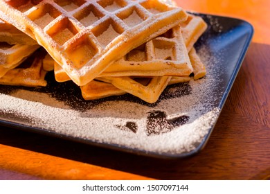 Viennese Waffles With Icing Sugar. Heart Decoration. Close-up, Shallow Depth Of Field.