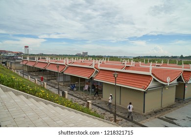 Vientiane Capital, Laos - October 09, 2018: Night Market or Nakha Market in Chao Anouvong Park. Roofs of Night Market in the Mekong Riverside, Vientiane Capital - Shutterstock ID 1218321715