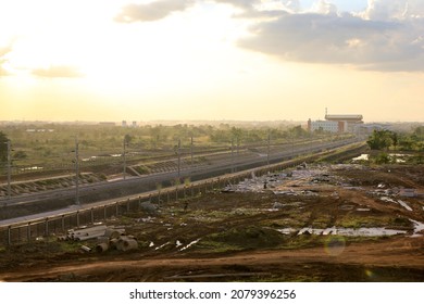 Vientiane Capital, Laos - October 30 2021:  Part of railway to maintenance station. It is a part of  China-proposed Belt and Road Initiative.