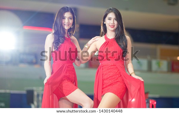 VIENTIANE, LAO - SEPTEMBER 30
2016: Unidentified females presenter at booth in the first
Vientiane International Motor Expo 2016 on SEPTEMBER 30, 2016 in
Vientiane, LAO PDR.