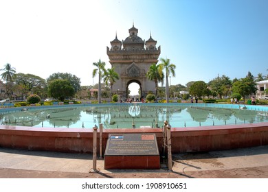 Vientiane, Laos - January 6, 2020 - Scene of Patuxai Arch, or the Arc de Triomphe of Vientiane, a war monument dedicated to those who fought in the struggle for independence from France