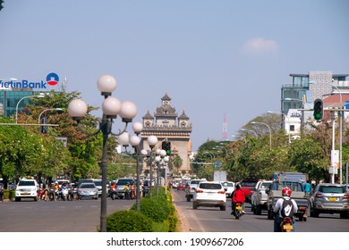 Vientiane, Laos - January 6, 2020 - Scene of Patuxai Arch, or the Arc de Triomphe of Vientiane, a war monument dedicated to those who fought in the struggle for independence from France