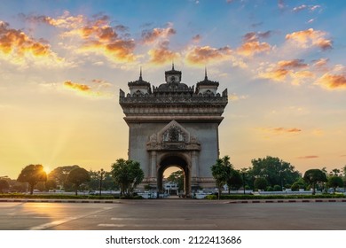 Vientiane Laos, sunrise city skyline at Patuxai (Patuxay) the most famous landmark in Vientiane